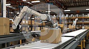 Automation factory concept with robotic arm on conveyor line in warehouse photo