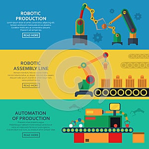 Automation horizontal banners set with assembly line and robotic loaders.