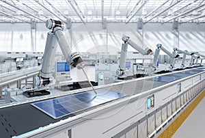 Automation industry with robot assembly line in solar panel factory