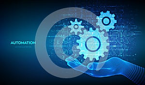 Automation and IOT software concept. Gears icons made with binary code in wireframe hand. Digital binary data and streaming
