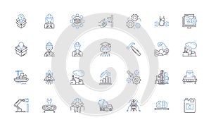 Automation line icons collection. Robotics, Efficiency, Production, Workflow, Innovation, Technology, Integration vector