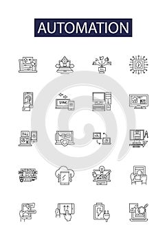 Automation line vector icons and signs. Robotics, Mechatronics, AI, Cybernetics, Programming, Algorithm, Control