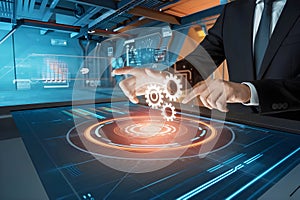 Automation and optimisation concept. Robotic process automation of business man touching on digital screen