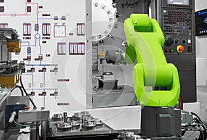 Automation robotic industry picking automotive parts with CNC machine in manufacturing