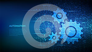 Automation Software background. Gears icons made with binary code. IOT and Automation concept. Digital binary data and streaming