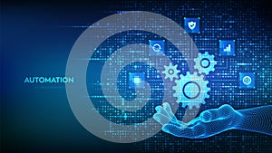 Automation Software. Gears icon made with binary code in hand. IOT and Automation icons connections. Digital binary data and