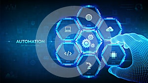 Automation Software. IOT and Automation concept as an innovation, improving productivity in technology. Wireframe hand places an