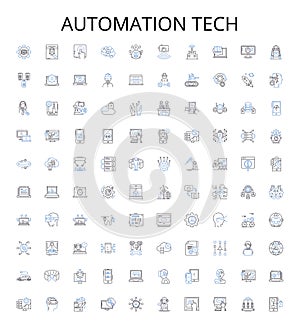 Automation tech outline icons collection. Automation, Technology, Robotics, AI, Machine Learning, Automated, Coding