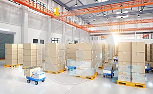 Automation warehouse with delivery robots carry boxes