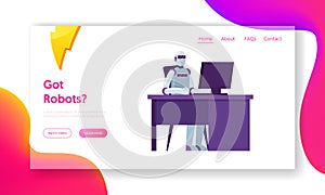 Automatization and Artificial Intelligence Website Landing Page. Robot Sitting at Office Desk Working on Computer photo