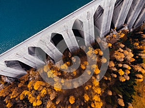 Automn Vibes Drone shot in the Italian alps. Martello Valley dam, South Tyrol