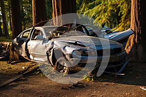 Automobile Accident: Crashed Car and Tree.