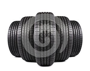 Automobile black rubber tires on white