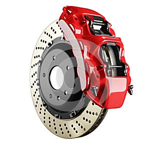 Automobile brake disk and red caliper