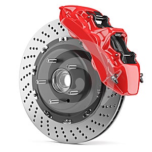 Automobile brake disk and red caliper
