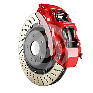 Automobile brake disk and red caliper photo