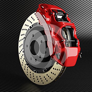 Automobile brake disk and red caliper on carbon background