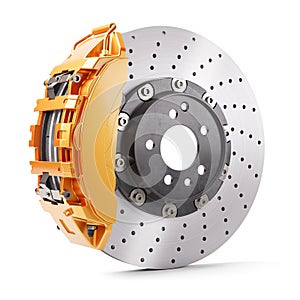 Automobile brakes. Orange caliper and brake disk. 3d render