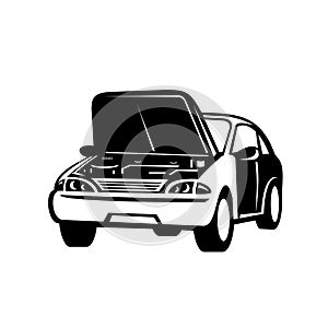 Automobile Car Auto with Popped or Open Hood Front View Retro Black and White