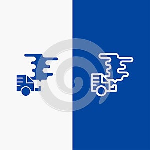 Automobile, Car, Emission, Gas, Pollution Line and Glyph Solid icon Blue banner Line and Glyph Solid icon Blue banner