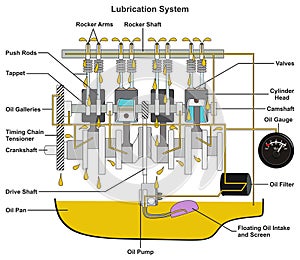 Automobile car engine lubrication system infographic diagram mechanic dynamics engineering physics photo