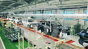 Automobile, car factory conveyor. Factory premises with multiple unfinished automobiles