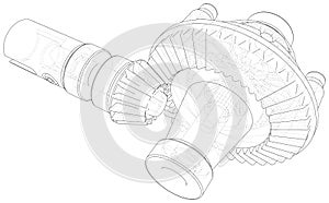 Automobile car gearbox with toothed wheels. Inside view on gearbox cross section with gears and shafts. Vector of 3d