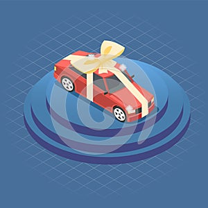 Automobile Car Gift On Podium Isometric Composition