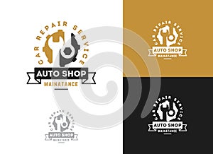 Automobile, car repairing service logo design, wrench in gear icon, mechanic tools vector illustration.