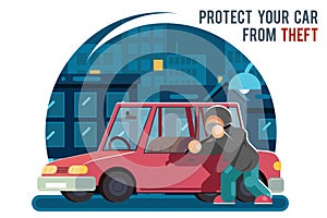 Automobile Car Steal Burglar Robber Thief Robbery Purse Character icon Flat Cartoon Design Template Vector Illustration