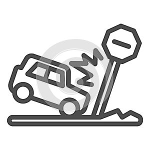 Automobile hit road cap line icon. Vehicle crash with street signboard symbol, outline style pictogram on white