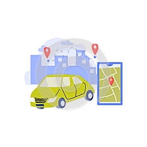 automobile with location mark and mobille app for rent automobile