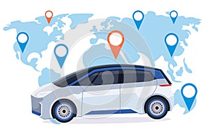 Automobile with location pin online ordering taxi car sharing concept mobile transportation carsharing service world map