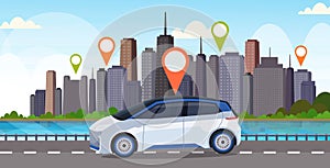 Automobile with location pin on road online ordering taxi car sharing concept mobile transportation carsharing service