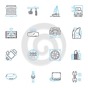 Automobile maintenance linear icons set. Oil, Brake, Tire, Engine, Filter, Transmission, Battery line vector and concept