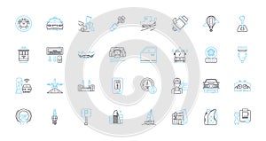 Automobile maintenance linear icons set. Oil, Brake, Tire, Engine, Filter, Transmission, Battery line vector and concept