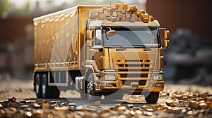 car There are stones and gold bars on a massive delivery waggon in the background. vehicle for freight transportation photo