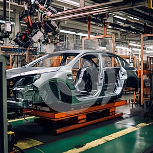 Automobile production line. Car body repair series. Modern automobile factory. Generative AI