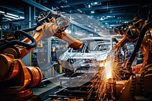 Automobile production line. Welding car body. Modern car assembly plant. Auto industry. Interior of a high-tech factory, modern