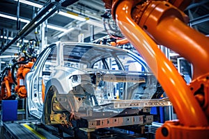 Automobile production line. Welding car body. Modern car assembly plant. Auto industry. Interior of a high-tech factory, modern