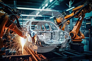 Automobile production line. Welding car body. Modern car assembly plant. Auto industry. Interior of a high-tech factory, modern