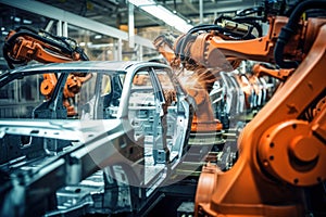 Automobile production line. Welding car body. Modern car assembly plant. Auto industry. Interior of a high-tech factory, modern