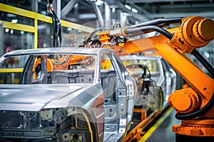 Automobile production line. Welding car body. Modern car assembly plant. Auto industry. Interior of a high-tech factory, modern