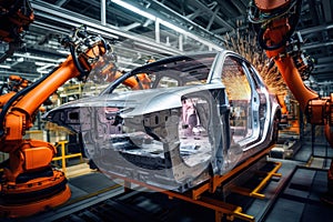 Automobile production line. Welding car body. Modern car assembly plant. Auto industry. Interior of a high-tech factory, modern