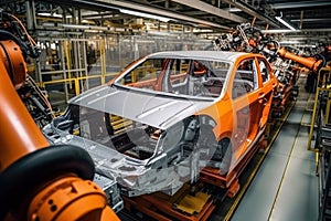 Automobile production line. Welding car body. Modern car assembly plant. Auto industry. Interior of a high-tech factory, modern