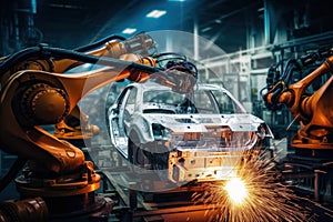 Automobile production line. Welding car body. Modern car assembly plant. Auto industry. Interior of a high-tech factory, modern