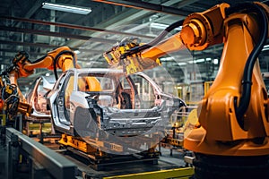 Automobile production line. Welding car body. Modern car assembly plant. Auto industry. Interior of a high-tech factory, modern