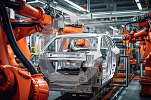 Automobile production line. Welding car body. Modern car assembly plant. Auto industry. Interior of a high-tech factory, modern