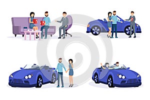 Automobile purchase process steps illustrations set. Smiling young couple, customers and retail agent cartoon characters