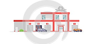 Automobile repair service building exterior isometric vector illustration. Car diagnostic center